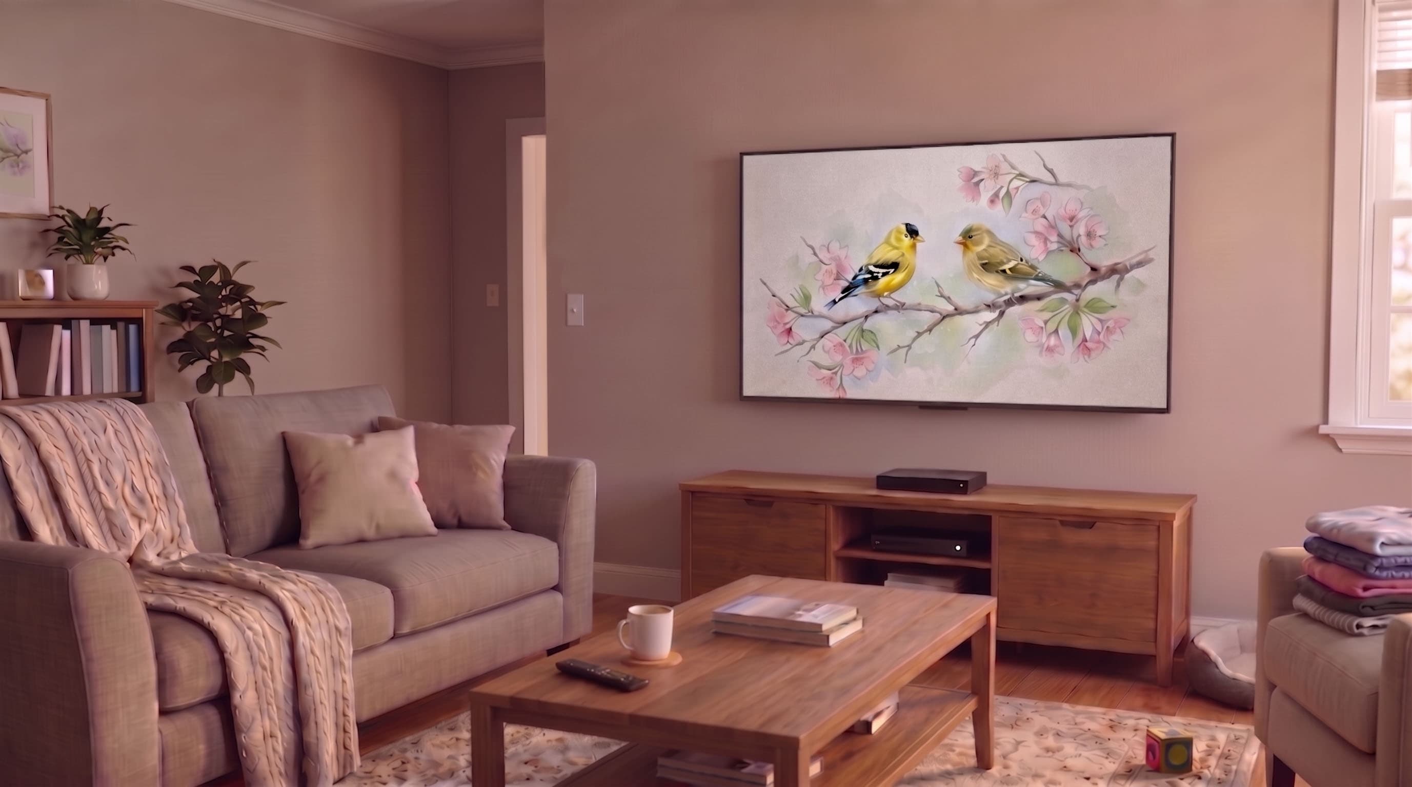 Living room with art displayed on TV